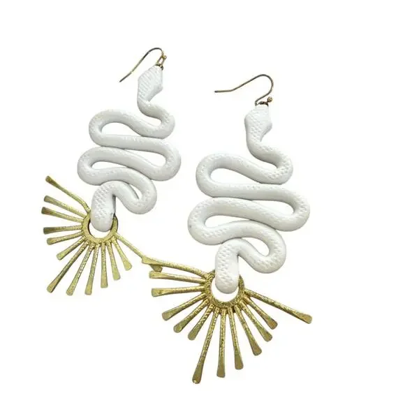 White Gold Polymer Snake Serpent Statement Earrings artisan handmade Boho - Picture 1 of 5
